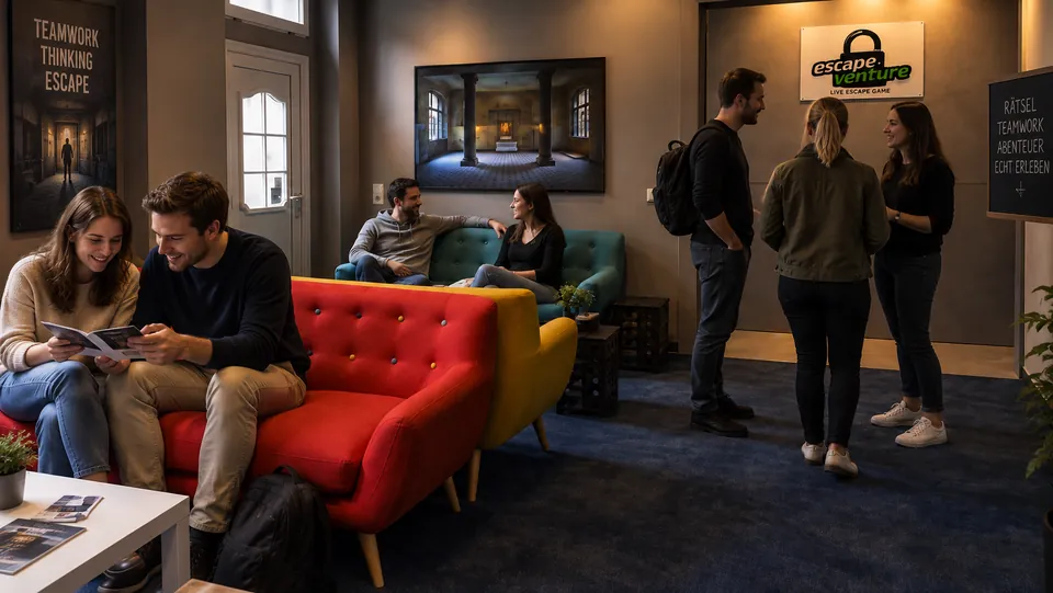 Guests in the lounge and reception area at EscapeVenture Leipzig